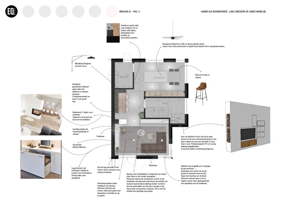 Interieurontwerp en indeling woonkamer en eetkamer